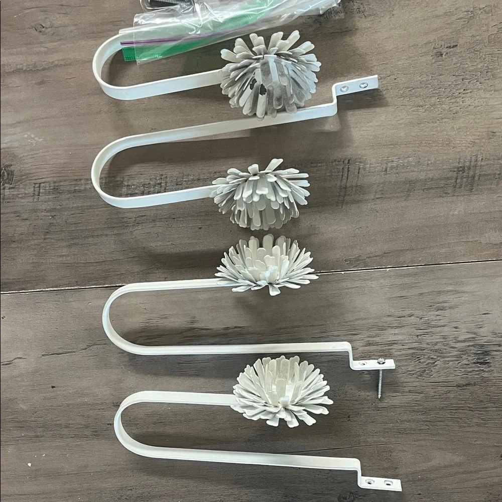 Set of Four White Metal Curtain Tie Back Hooks with Floral Design